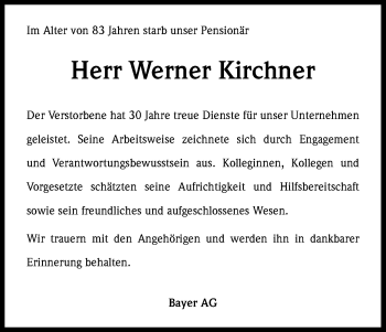 Anzeige von Werner Kirchner von Kölner Stadt-Anzeiger / Kölnische Rundschau / Express