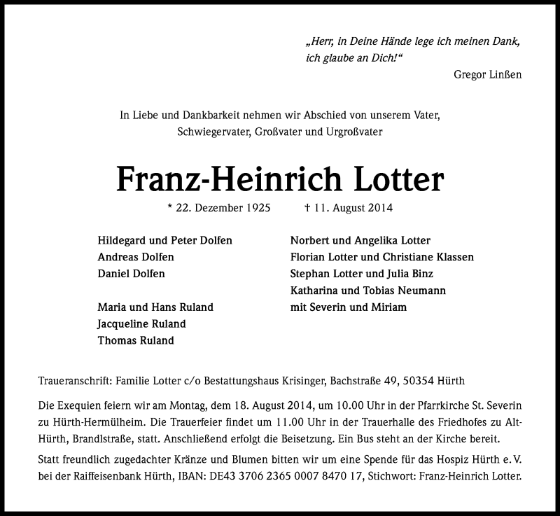  Traueranzeige für Franz-Heinrich Lotter vom 16.08.2014 aus Kölner Stadt-Anzeiger / Kölnische Rundschau / Express
