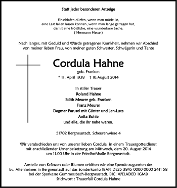 Anzeige von Cordula Hahne von Kölner Stadt-Anzeiger / Kölnische Rundschau / Express