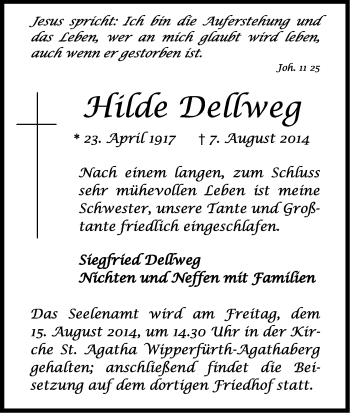 Anzeige von Hilde Dellweg von Kölner Stadt-Anzeiger / Kölnische Rundschau / Express