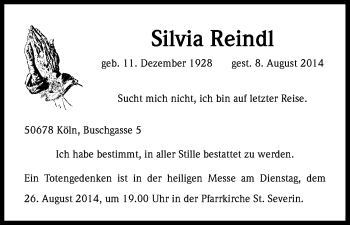 Anzeige von Silvia Reindl von Kölner Stadt-Anzeiger / Kölnische Rundschau / Express