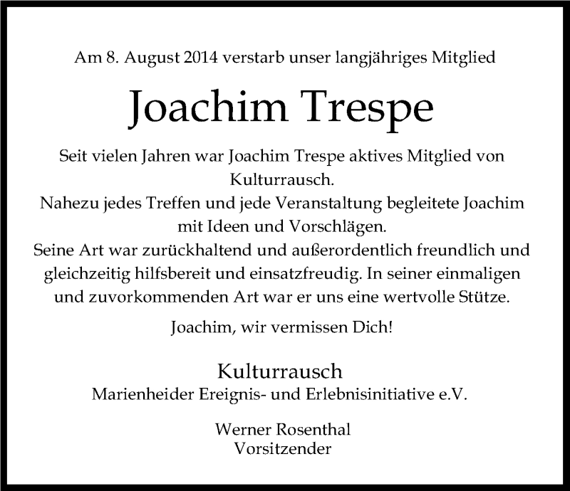  Traueranzeige für Joachim Trespe vom 14.08.2014 aus Kölner Stadt-Anzeiger / Kölnische Rundschau / Express