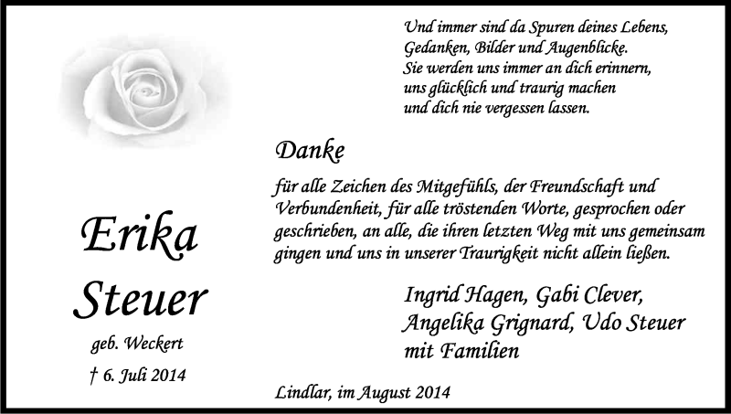  Traueranzeige für Erika Steuer vom 16.08.2014 aus Kölner Stadt-Anzeiger / Kölnische Rundschau / Express