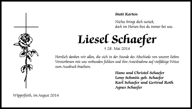  Traueranzeige für Liese Schaefer vom 16.08.2014 aus Kölner Stadt-Anzeiger / Kölnische Rundschau / Express