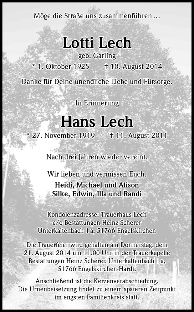  Traueranzeige für Lotti Lech vom 15.08.2014 aus Kölner Stadt-Anzeiger / Kölnische Rundschau / Express