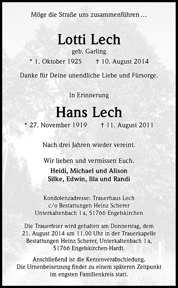  Traueranzeige für Lotti und Hans Lech vom 16.08.2014 aus Kölner Stadt-Anzeiger / Kölnische Rundschau / Express
