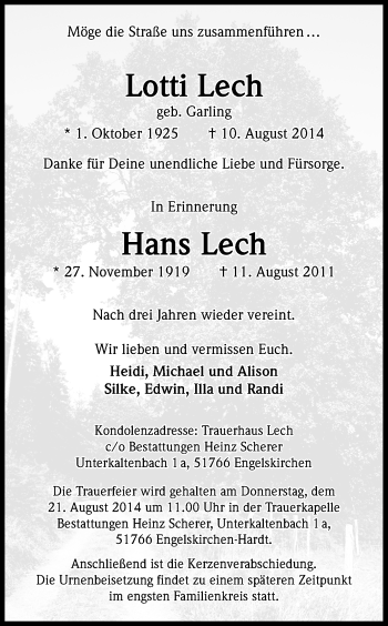 Anzeige von Lotti und Hans Lech von Kölner Stadt-Anzeiger / Kölnische Rundschau / Express