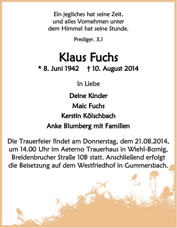 Anzeige von Klaus Fuchs von Kölner Stadt-Anzeiger / Kölnische Rundschau / Express