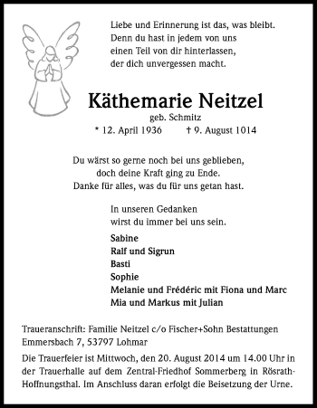 Anzeige von Käthemarie Neitzel von Kölner Stadt-Anzeiger / Kölnische Rundschau / Express