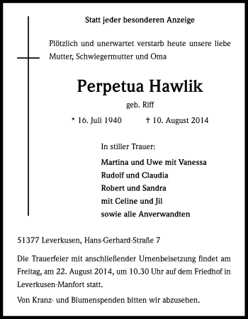 Anzeige von Perpetua Hawlik von Kölner Stadt-Anzeiger / Kölnische Rundschau / Express