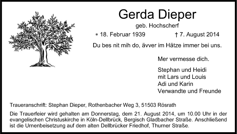  Traueranzeige für Gerda Dieper vom 15.08.2014 aus Kölner Stadt-Anzeiger / Kölnische Rundschau / Express