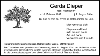 Anzeige von Gerda Dieper von Kölner Stadt-Anzeiger / Kölnische Rundschau / Express