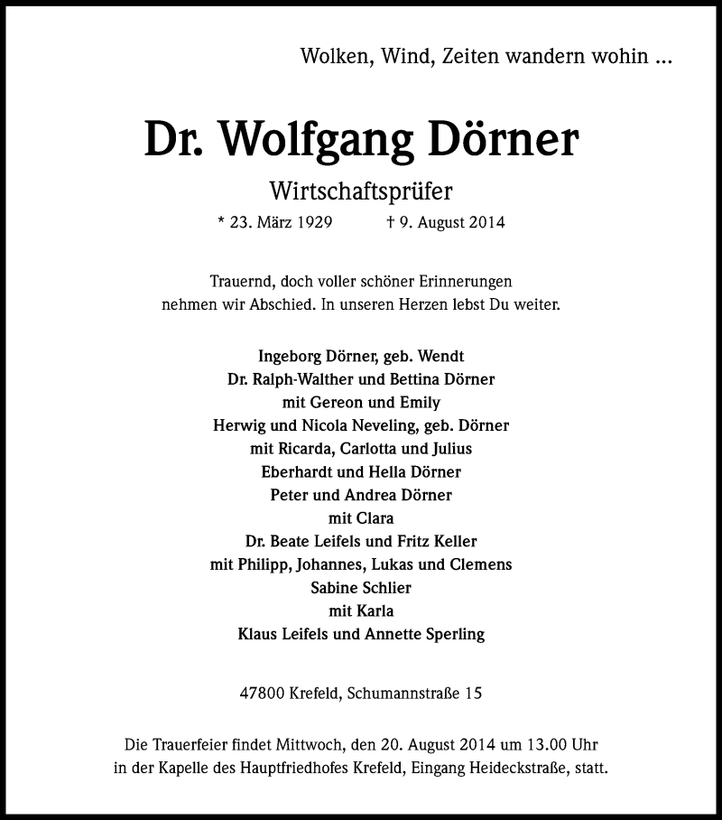  Traueranzeige für Wolfgang Dörner vom 16.08.2014 aus Kölner Stadt-Anzeiger / Kölnische Rundschau / Express
