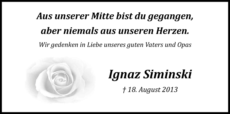  Traueranzeige für Ignaz Siminski vom 16.08.2014 aus Kölner Stadt-Anzeiger / Kölnische Rundschau / Express