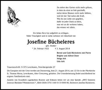 Anzeige von Josefine Bücheleres von Kölner Stadt-Anzeiger / Kölnische Rundschau / Express