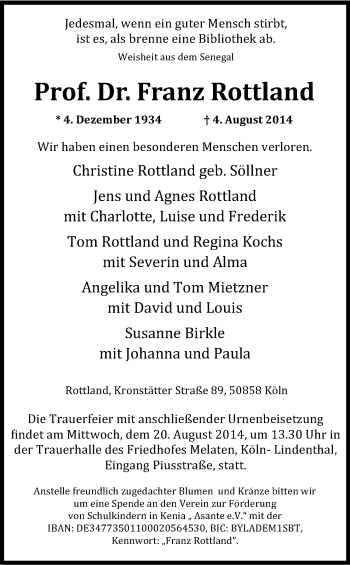 Anzeige von Franz Rottland von Kölner Stadt-Anzeiger / Kölnische Rundschau / Express