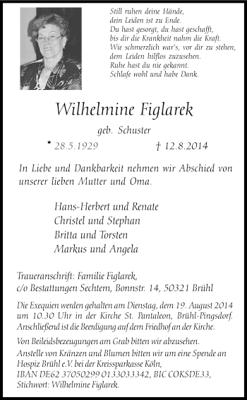 Anzeige von Wilhelmine Figlarek von Kölner Stadt-Anzeiger / Kölnische Rundschau / Express