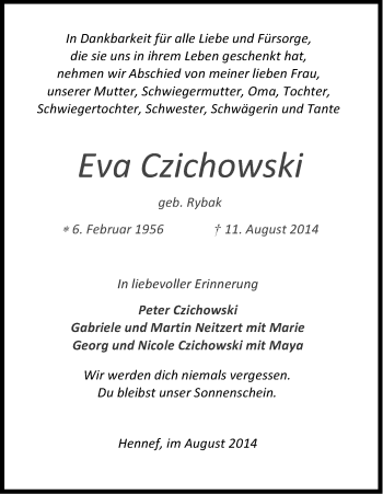 Anzeige von Eva Czichowski von Kölner Stadt-Anzeiger / Kölnische Rundschau / Express