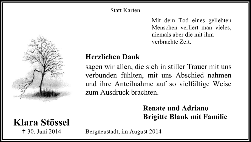  Traueranzeige für Klara Stössel vom 16.08.2014 aus Kölner Stadt-Anzeiger / Kölnische Rundschau / Express