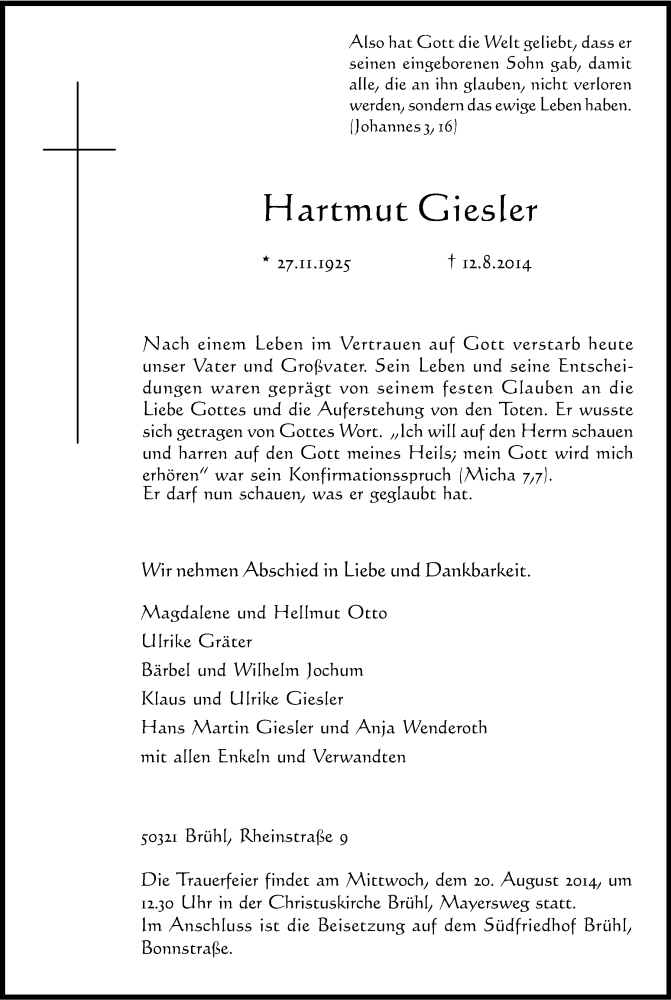  Traueranzeige für Hartmut Giesler vom 15.08.2014 aus Kölner Stadt-Anzeiger / Kölnische Rundschau / Express