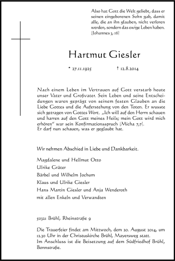 Anzeige von Hartmut Giesler von Kölner Stadt-Anzeiger / Kölnische Rundschau / Express