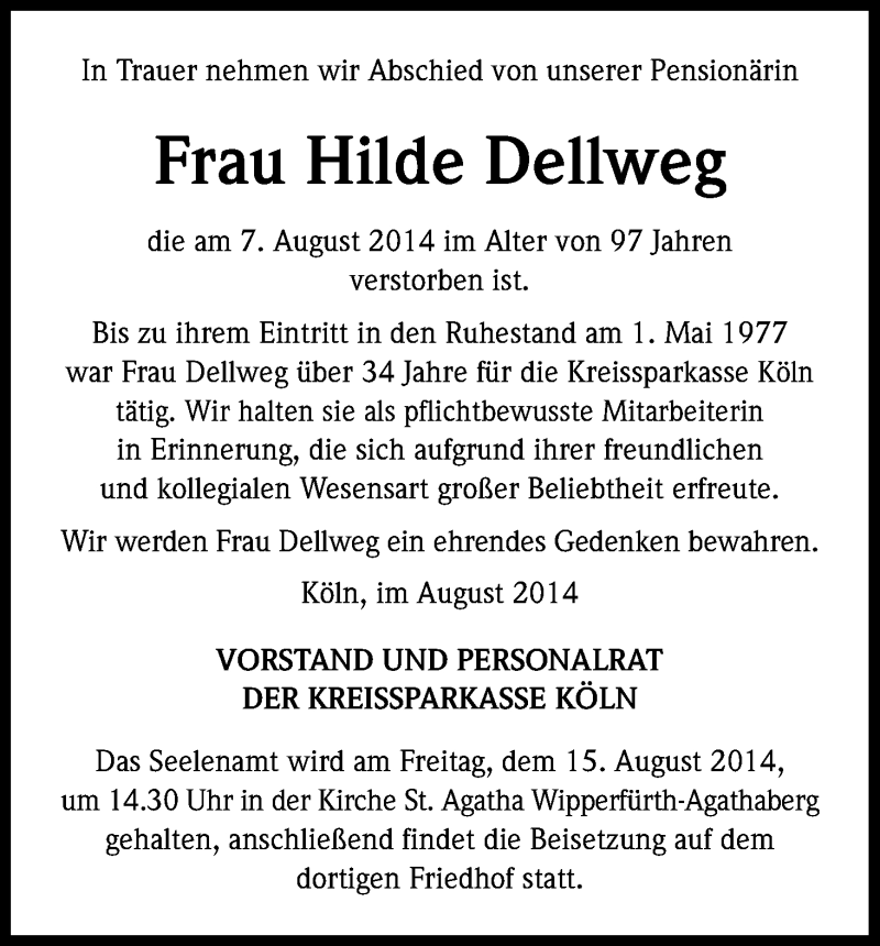  Traueranzeige für Hilde Dellweg vom 15.08.2014 aus Kölner Stadt-Anzeiger / Kölnische Rundschau / Express