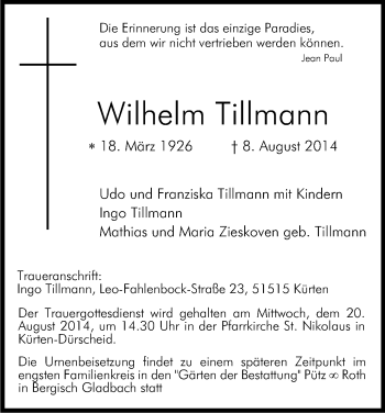 Anzeige von Wilhelm Tillmann von Kölner Stadt-Anzeiger / Kölnische Rundschau / Express