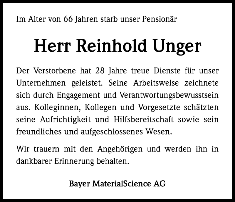  Traueranzeige für Reinhold Unger vom 15.08.2014 aus Kölner Stadt-Anzeiger / Kölnische Rundschau / Express