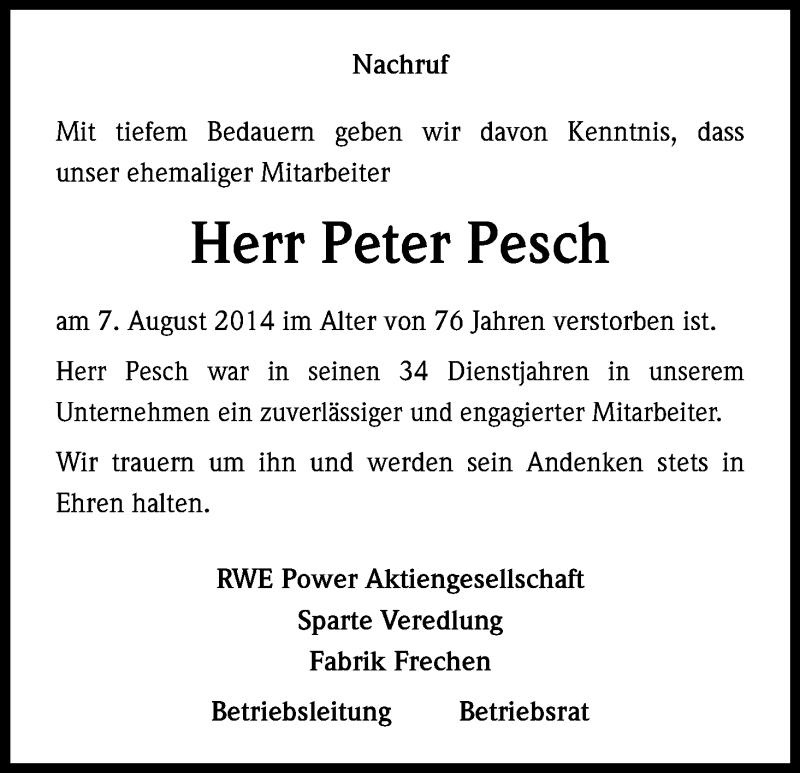  Traueranzeige für Peter Pesch vom 25.08.2014 aus Kölner Stadt-Anzeiger / Kölnische Rundschau / Express