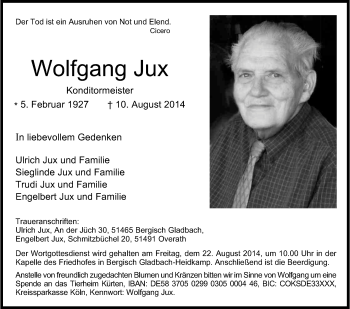 Anzeige von Wolfgang Jux von Kölner Stadt-Anzeiger / Kölnische Rundschau / Express