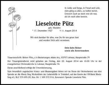 Anzeige von Lieselotte Pütz von Kölner Stadt-Anzeiger / Kölnische Rundschau / Express