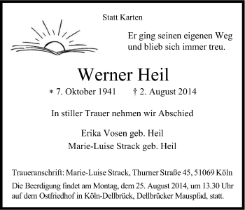 Anzeige von Werner Heil von Kölner Stadt-Anzeiger / Kölnische Rundschau / Express