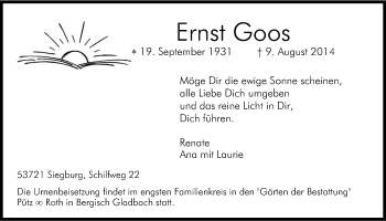 Anzeige von Ernst Goos von Kölner Stadt-Anzeiger / Kölnische Rundschau / Express