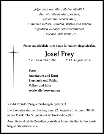 Anzeige von Josef Frey von Kölner Stadt-Anzeiger / Kölnische Rundschau / Express
