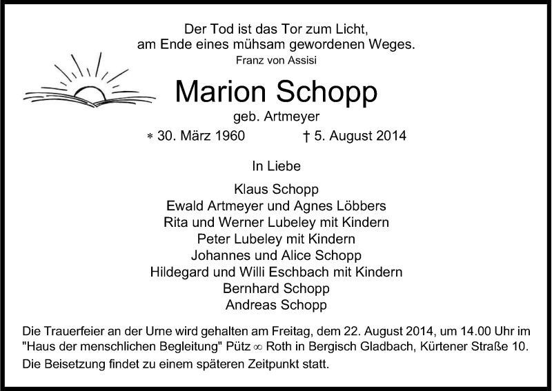  Traueranzeige für Marion Schopp vom 16.08.2014 aus Kölner Stadt-Anzeiger / Kölnische Rundschau / Express