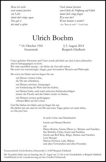 Anzeige von Ulrich Boehm von Kölner Stadt-Anzeiger / Kölnische Rundschau / Express