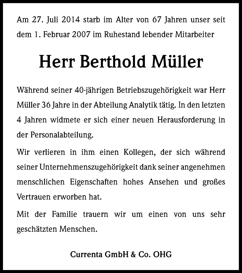  Traueranzeige für Berthold Müller vom 15.08.2014 aus Kölner Stadt-Anzeiger / Kölnische Rundschau / Express