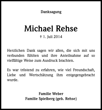 Anzeige von Michael Rehse von Kölner Stadt-Anzeiger / Kölnische Rundschau / Express