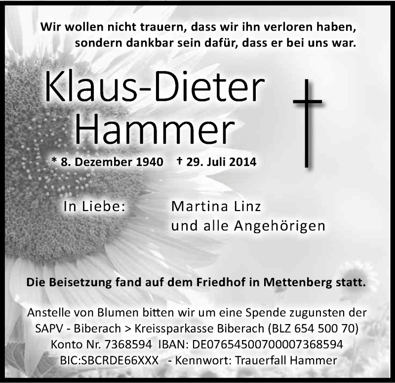  Traueranzeige für Klaus-Dieter Hammer vom 16.08.2014 aus Kölner Stadt-Anzeiger / Kölnische Rundschau / Express