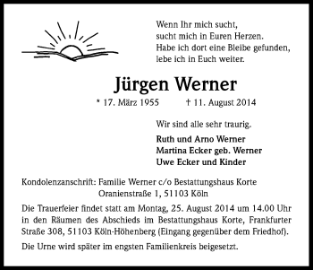 Anzeige von Jürgen Werner von Kölner Stadt-Anzeiger / Kölnische Rundschau / Express