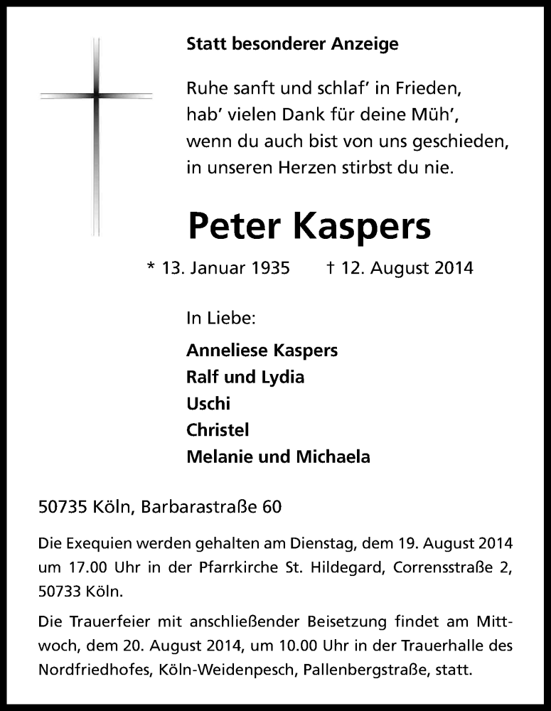  Traueranzeige für Peter Kaspers vom 16.08.2014 aus Kölner Stadt-Anzeiger / Kölnische Rundschau / Express