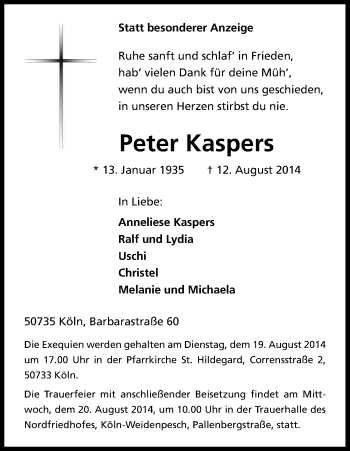 Anzeige von Peter Kaspers von Kölner Stadt-Anzeiger / Kölnische Rundschau / Express