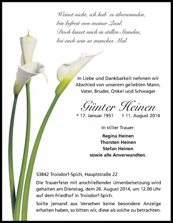 Anzeige von Günter Heinen von Kölner Stadt-Anzeiger / Kölnische Rundschau / Express