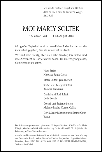 Anzeige von Moi Marly Soltek von Kölner Stadt-Anzeiger / Kölnische Rundschau / Express