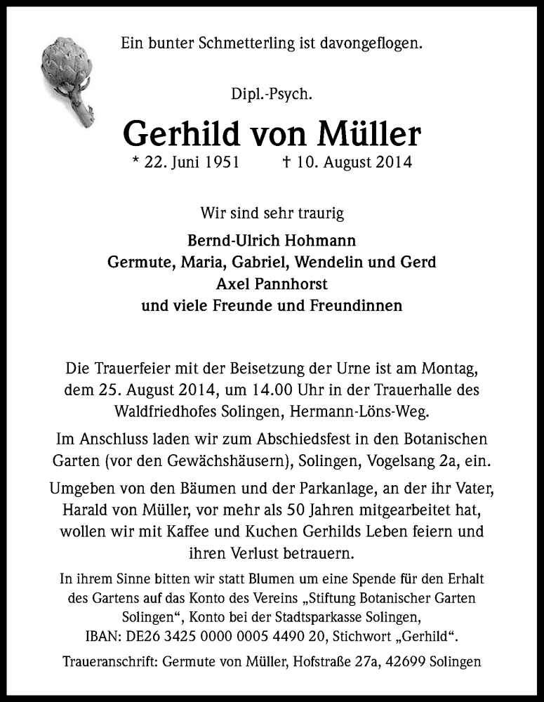  Traueranzeige für Gerhild von Müller vom 16.08.2014 aus Kölner Stadt-Anzeiger / Kölnische Rundschau / Express