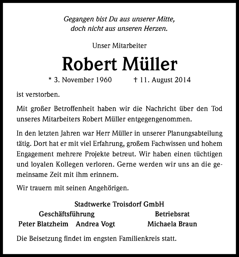  Traueranzeige für Robert Müller vom 16.08.2014 aus Kölner Stadt-Anzeiger / Kölnische Rundschau / Express
