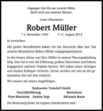 Anzeige von Robert Müller von Kölner Stadt-Anzeiger / Kölnische Rundschau / Express