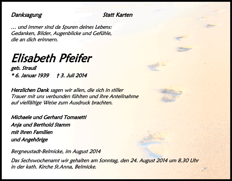  Traueranzeige für Elisabeth Pfeifer vom 16.08.2014 aus Kölner Stadt-Anzeiger / Kölnische Rundschau / Express