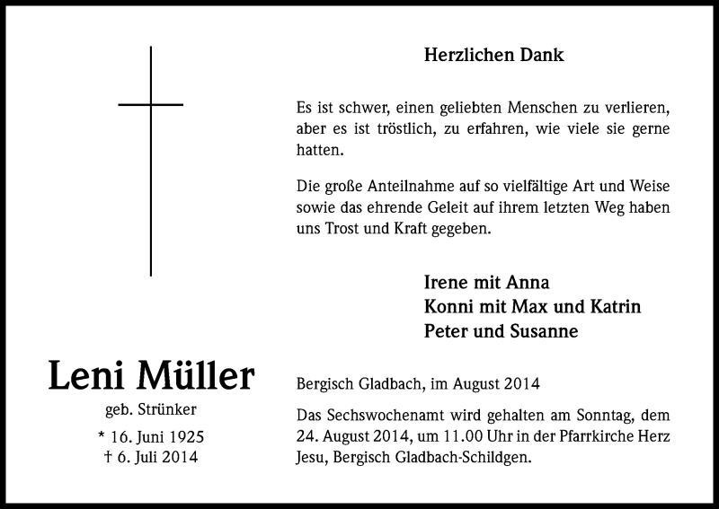  Traueranzeige für Leni Müller vom 16.08.2014 aus Kölner Stadt-Anzeiger / Kölnische Rundschau / Express