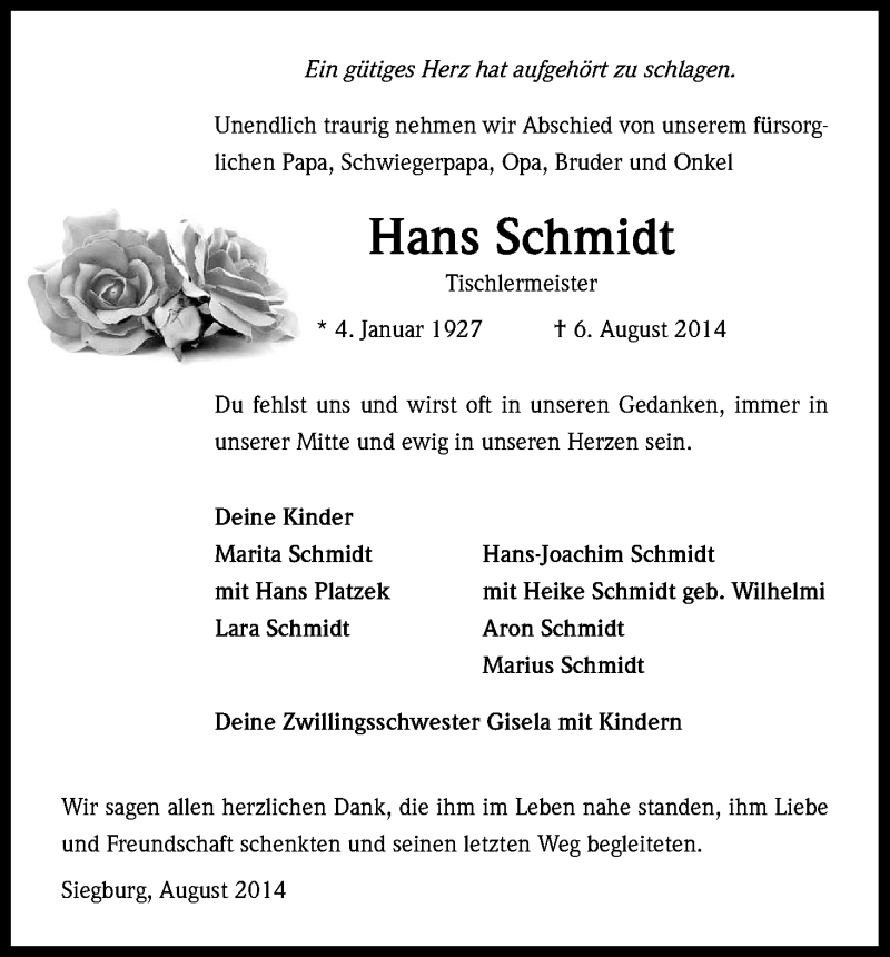  Traueranzeige für Hans Schmidt vom 16.08.2014 aus Kölner Stadt-Anzeiger / Kölnische Rundschau / Express